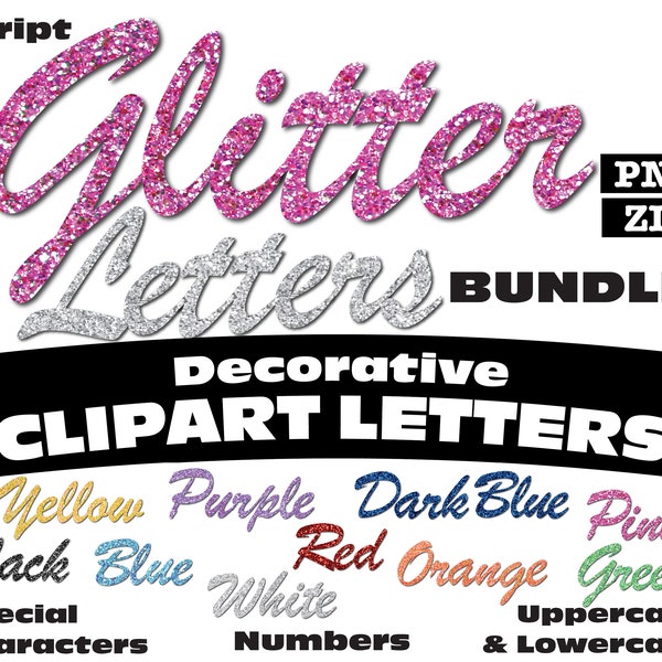 Glitter Clipart Letters Bundle PNG Digital Download 10 Complete Alphanumeric Sets Script Font