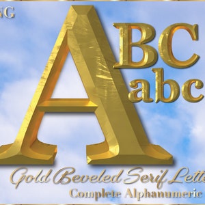 3D glänzend Gold abgeschrägte Clipart Buchstaben PNG Digital Download Serif Schriftart Komplettes Alphanumerisches Set
