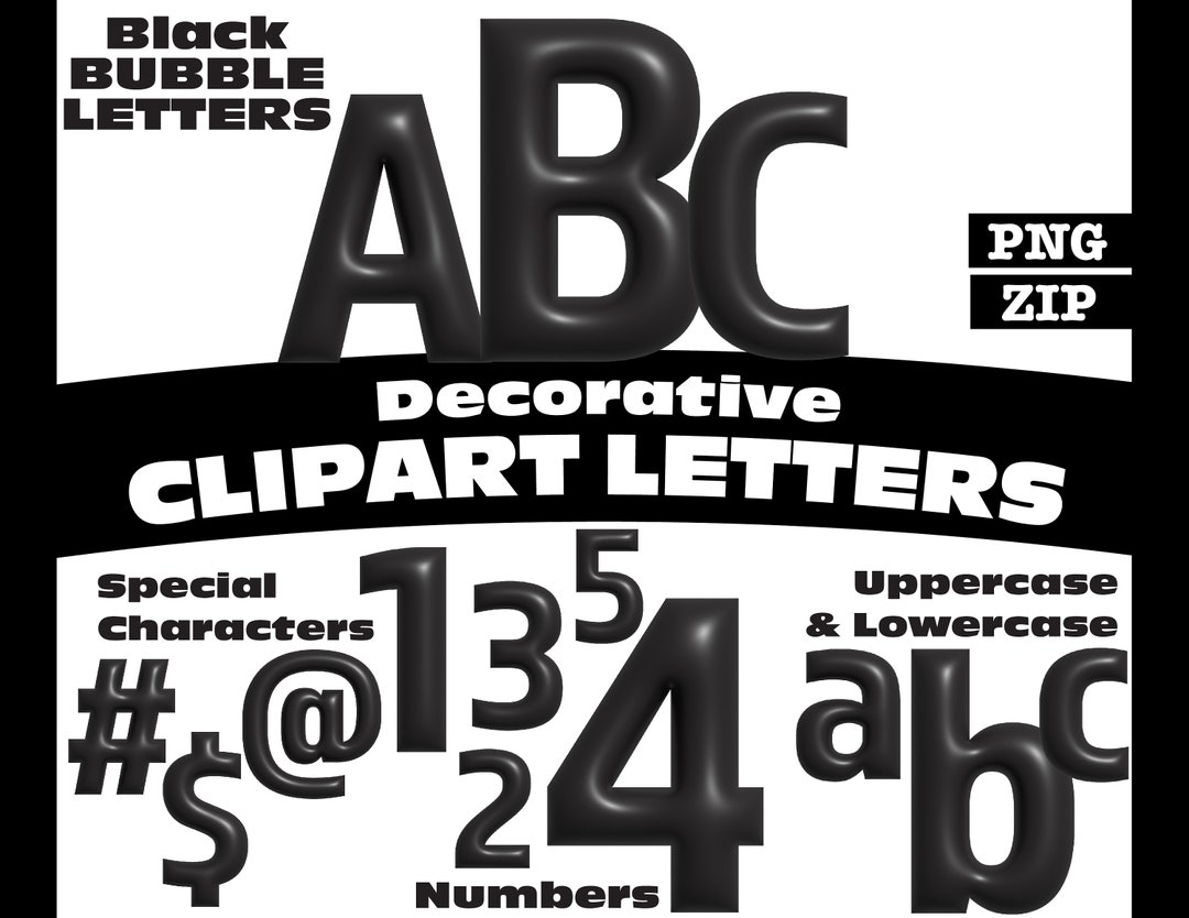 Black Bubble Clipart Letters PNG Digital Download Complete Alphanumeric