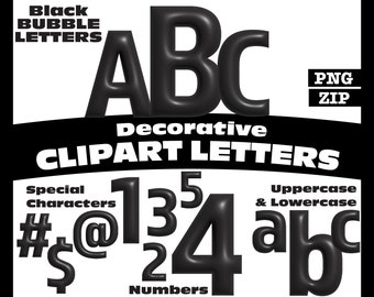 Black Bubble Clipart Letters PNG Digital Download Complete Alphanumeric Set