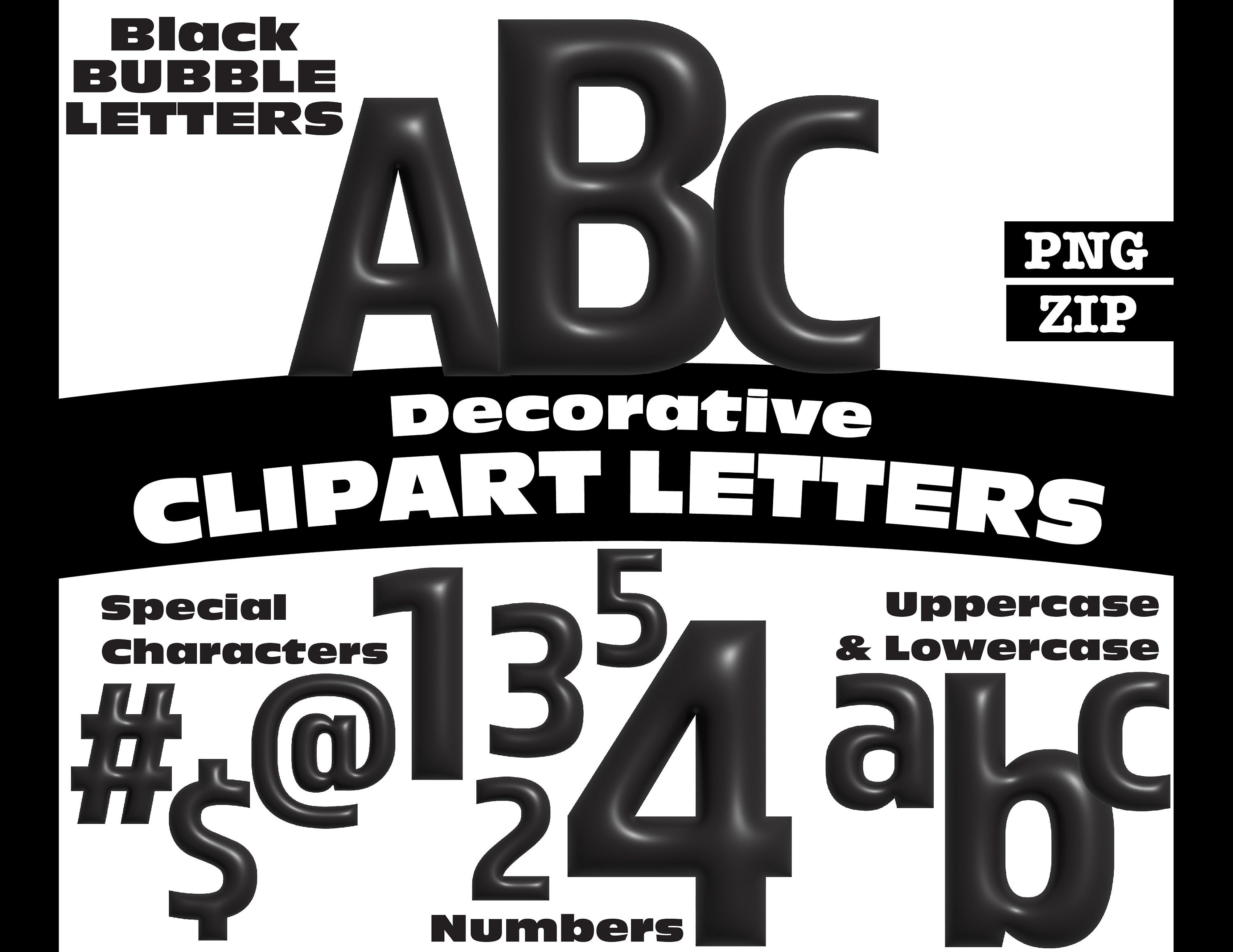 Black Bubble Clipart Letters PNG Digital Download Complete Alphanumeric