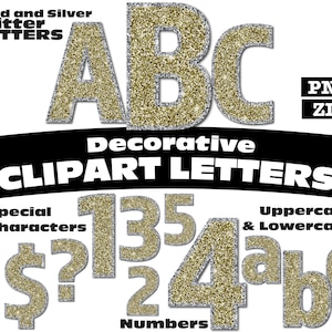 Gold and Silver Glitter Clipart Letters PNG Digital Download Complete Alphanumeric Set