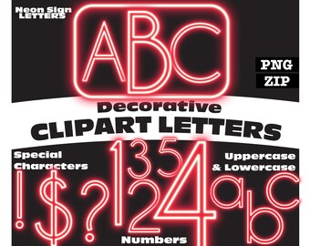 May include: Neon sign letters clipart in red with uppercase and lowercase letters, numbers, and special characters. The letters are outlined in red and have a glowing effect. The text reads "Neon Sign Letters", "ABC", "Decorative Clipart Letters", "Special Characters", "1354", "Uppercase & Lowercase", "$?!124abc", "Numbers", "PNG", "ZIP".