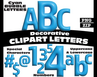 Cyan Bubble Clipart Buchstaben PNG digitaler Download komplettes alphanumerisches Set