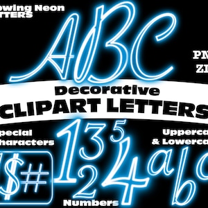 May include: Glowing neon blue letters, numbers, and special characters in a decorative font style. The letters include uppercase and lowercase A, B, C, and a, b, c. The numbers include 1, 2, 3, 4, and 5. The special characters include an exclamation point, dollar sign, and number sign. The text "Glowing Neon Letters", "Decorative Clipart Letters", "Special Characters", "Numbers", "Uppercase & Lowercase", "PNG", and "ZIP" are also included in the image.