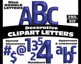 Blaue Blase Clipart Buchstaben PNG digitaler Download komplettes alphanumerisches Set