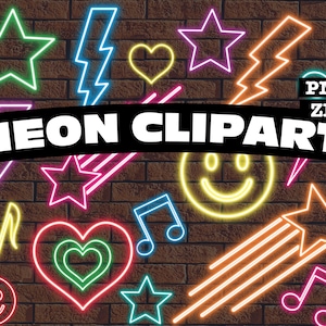 Glowing Neon Sign Clipart Graphics Smiley Face Hearts Stars Lightning Bolts Music Notes PNG Digital Download