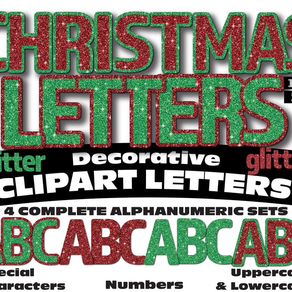 Red and Green Christmas Glitter Clipart Letters PNG Digital Download 4 Complete Alphanumeric Sets