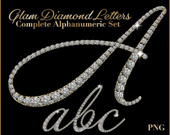 May include: A complete set of diamond-encrusted letters, including the letter A, and the letters a, b, and c. The letters are set against a black background. The text "Glam Diamond Letters Complete AlphaNumeric Set" is at the top of the image. The text "PNG" is at the bottom right of the image.