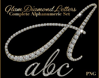 Glam Diamond Clipart Letters PNG Complete Alphanumeric Set Elegant Cursive Font