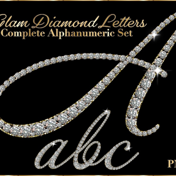 Glam Diamond Clipart Letters PNG Ensemble alphanumérique complet Police cursive élégante