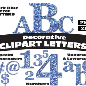 Blue Glitter Clipart Letters PNG Digital Download Complete Alphanumeric Set Serif Font