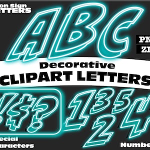 Teal Glowing Neon Sign Clipart Letters PNG Digital Download Complete Alphanumeric Set
