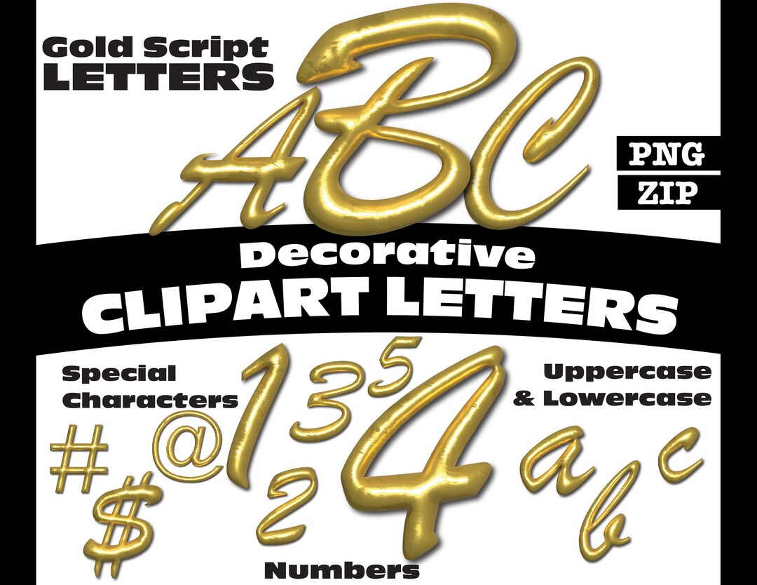 Gold Script Clipart Bubble Letters PNG Digital Download Complete ...