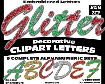Christmas Glitter Embroidered Clipart Letters: PNG Digital Download