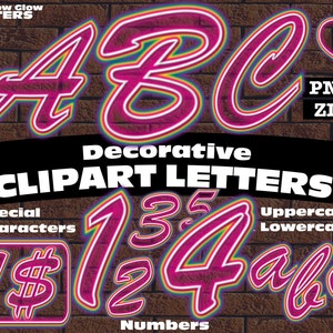 Rainbow Glow Neon Sign Clipart Letters PNG Digital Download Complete Alphanumeric Set Script Font