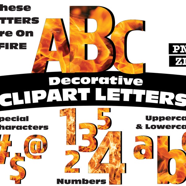 Fire Clipart Letters PNG Digital Download Complete Alphanumeric Set