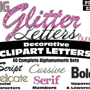 Big Glitter Clipart Letters Bundle PNG Digital Download 60 Complete Alphanumeric Sets