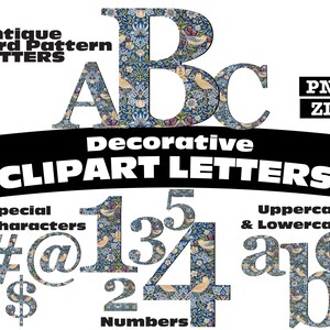 May include: Antique bird pattern clipart letters in blue, green, and white. The letters are uppercase A, B, C, lowercase a, b, c, and numbers 1, 2, 3, 4, 5. Special characters include #, @, and $.