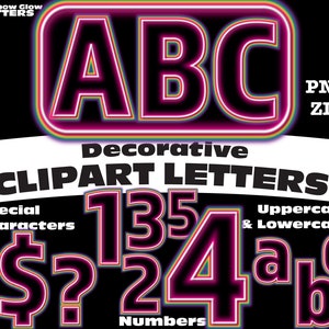Rainbow Glow Neon Sign Clipart Letters PNG Digital Download Complete Alphanumeric Set