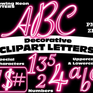 May include: Glowing neon pink letters, numbers, and special characters. The letters are uppercase and lowercase. The numbers are 1, 3, 5, 2, and 4. The special characters are an exclamation mark, a dollar sign, and a hash sign. The text "Glowing Neon Letters", "Decorative Clipart Letters", "Special Characters", "Numbers", "Uppercase & Lowercase", "PNG", and "ZIP" are also included in the image.