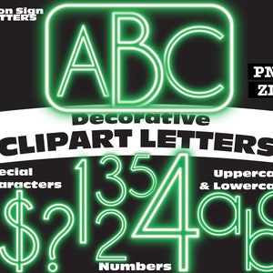 Glowing Green Posh Neon Sign Clipart Letters PNG Digital Download Complete Alphanumeric Set