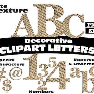 May include: A set of decorative letters and numbers in a jute texture. The letters are uppercase and lowercase, and the numbers are 1, 2, 3, 4, and 5. The letters and numbers are in a brown color and have a rope-like texture. The letters and numbers are on a white background.