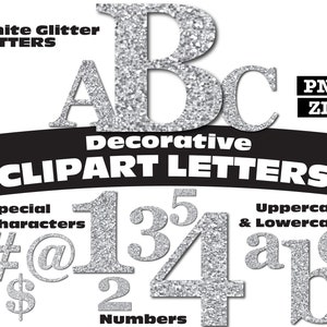 May include: White glitter letters, numbers, and special characters in uppercase and lowercase. The letters are A, B, C, a, b, c, and the numbers are 1, 2, 3, 4, 5. The special characters are #, @, and $.