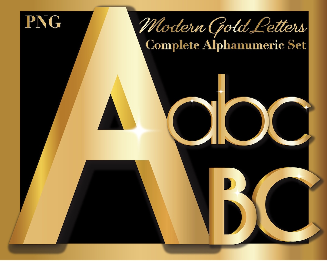 Modern Gold Clipart Letters PNG Digital Download Complete Alphanumeric ...