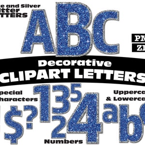 Blue and Silver Glitter Clipart Letters PNG Digital Download Complete Alphanumeric Set