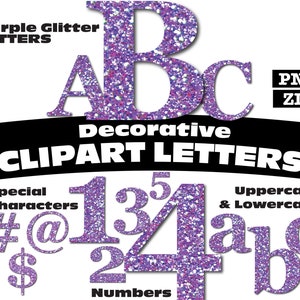 Purple Glitter Clipart Letters PNG Digital Download Complete Alphanumeric Set Serif Font