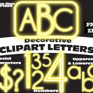 Brillante amarillo elegante neón signo Clipart Letras PNG Descarga digital Conjunto alfanumérico completo