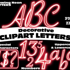 Glowing Red Neon Sign Clipart Letters PNG Digital Download Complete Alphanumeric Set Script Font