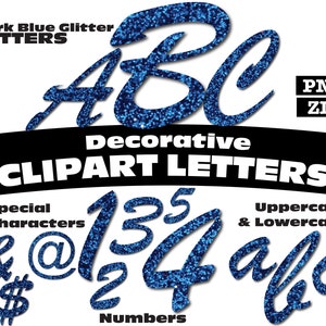 Dark Blue Glitter Clipart Letters PNG Digital Download Complete Alphanumeric Set Script Font