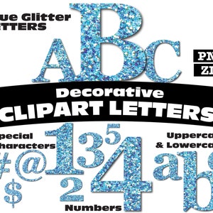 Blue Glitter Clipart Letters PNG Digital Download Complete Alphanumeric Set Serif Font