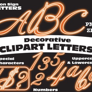 Puede incluir: Un gráfico digital con letras y números de estilo neón naranja sobre un fondo blanco y negro. La imagen incluye letras mayúsculas y minúsculas, números y caracteres especiales. El texto incluye "Neon Sign LETTERS" y "CLIPART LETTERS".