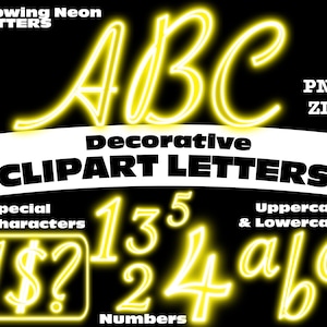 Glowing Yellow Neon Sign Clipart Letters PNG Digital Download Complete Alphanumeric Set Script Font