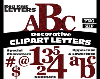 Red Knit Letters PNG Digital Download Complete Alphanumeric Set