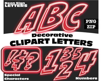 May include: Neon sign style alphabet letters and numbers clipart. Red letters and numbers with a black outline. The letters are A, B, C, and the numbers are 1, 2, 3, 4, and 5.  The letters and numbers are in a bold, comic book style font.  The text "Neon Sign Letters" is at the top of the image.  The text "Decorative Clipart Letters" is in the middle of the image.  The text "Special Characters" is below the letters and the text "Numbers" is below the numbers.