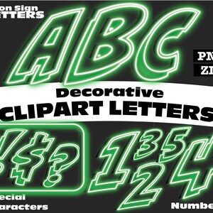 Green Glowing Neon Clipart Letters PNG Digital Download Complete Alphanumeric Set