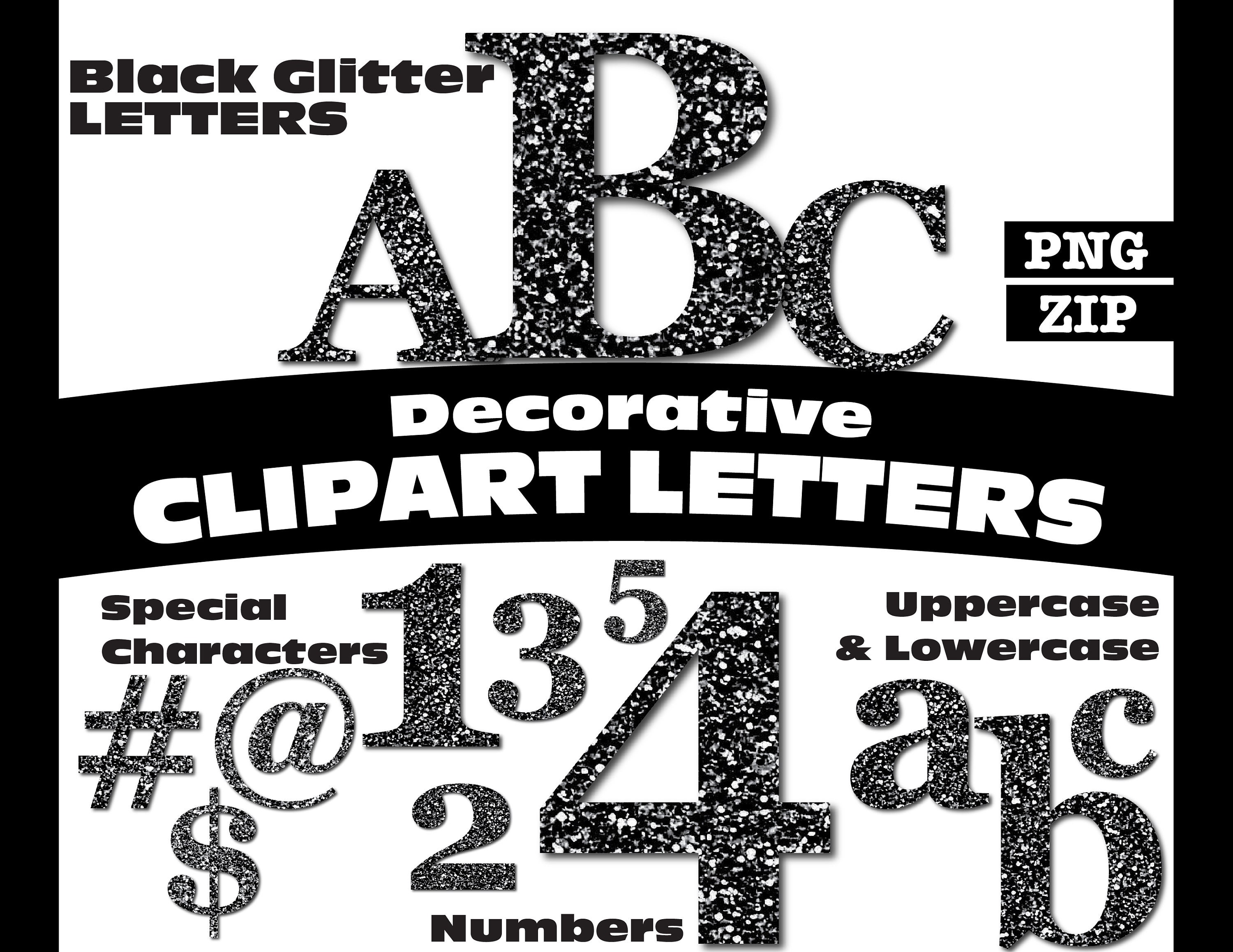 50-count Black Glitter Cursive Alphabet Letter Guinea