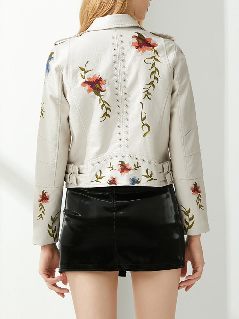 Embroidered Floral Leather Jacket Etsy