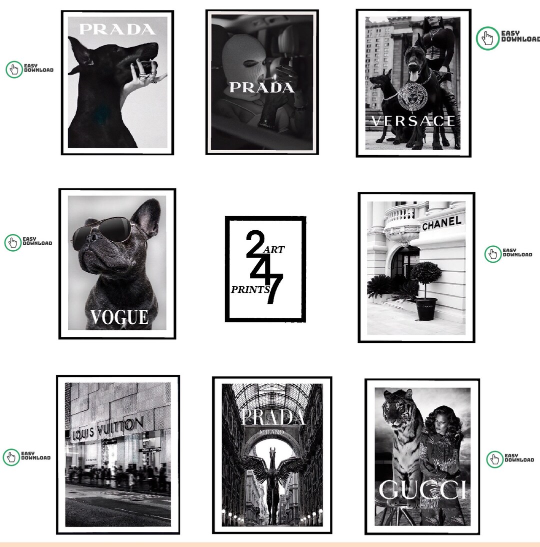 Bundle of 8 Luxury Fashion Brand Wall Art Prints, Digital Download