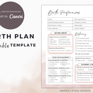 Editable Birth Plan Template, Single Page, Editable Canva Template, Labor and Delivery Preferences