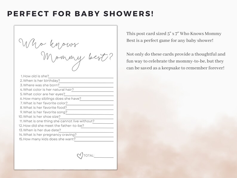 Who Knows Mommy Best Baby Shower Game, Baby Shower Game, How Well Do