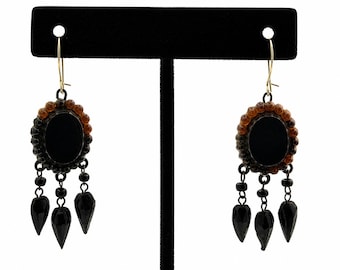Antique Victorian French Jet Black Glass Dangle Earrings, Mourning Jewelry, 14K Gold Ear Wires