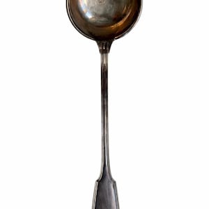 May include: A silver-colored ladle with a round bowl and a long, slender handle. The handle has a decorative, heart-shaped design at the end. The ladle is likely for serving soups or sauces.
