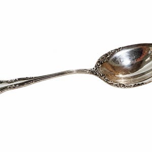 May include: A silver spoon with ornate floral detailing along the edges of the bowl and handle. The spoon has a reflective surface, suggesting it is made of polished metal. The design is classic and elegant, suitable for formal dining.