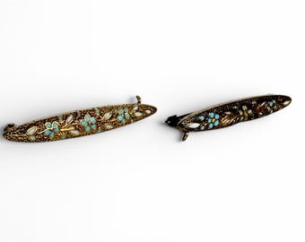 Antique 14K Gold Enamel Forget-Me-Not Lingerie Pins, Near Pair, One Krementz Marked, Victorian Art Nouveau Bar Brooches