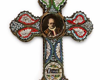 Antique Italian Micromosaic Large Crucifix Pendant, Pope Pius XI Rome Souvenir Cross